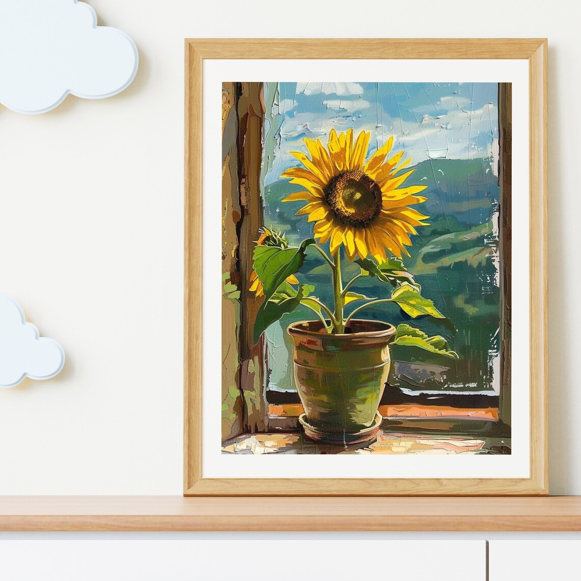 Sunflower In Pot On Windowsill Bright Yellow Floral Still Life Art Poster - Image 4