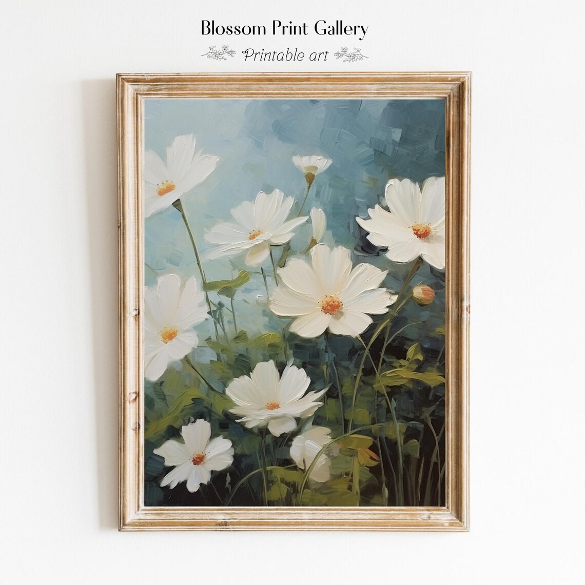 White Cosmos Flowers Impressionist Blue Summer Garden Oil Painting Poster - Image 2