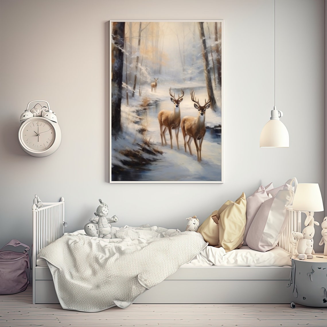 Whitetail Deer Bucks By Winter Stream Snowy Forest Painting Poster - Image 5