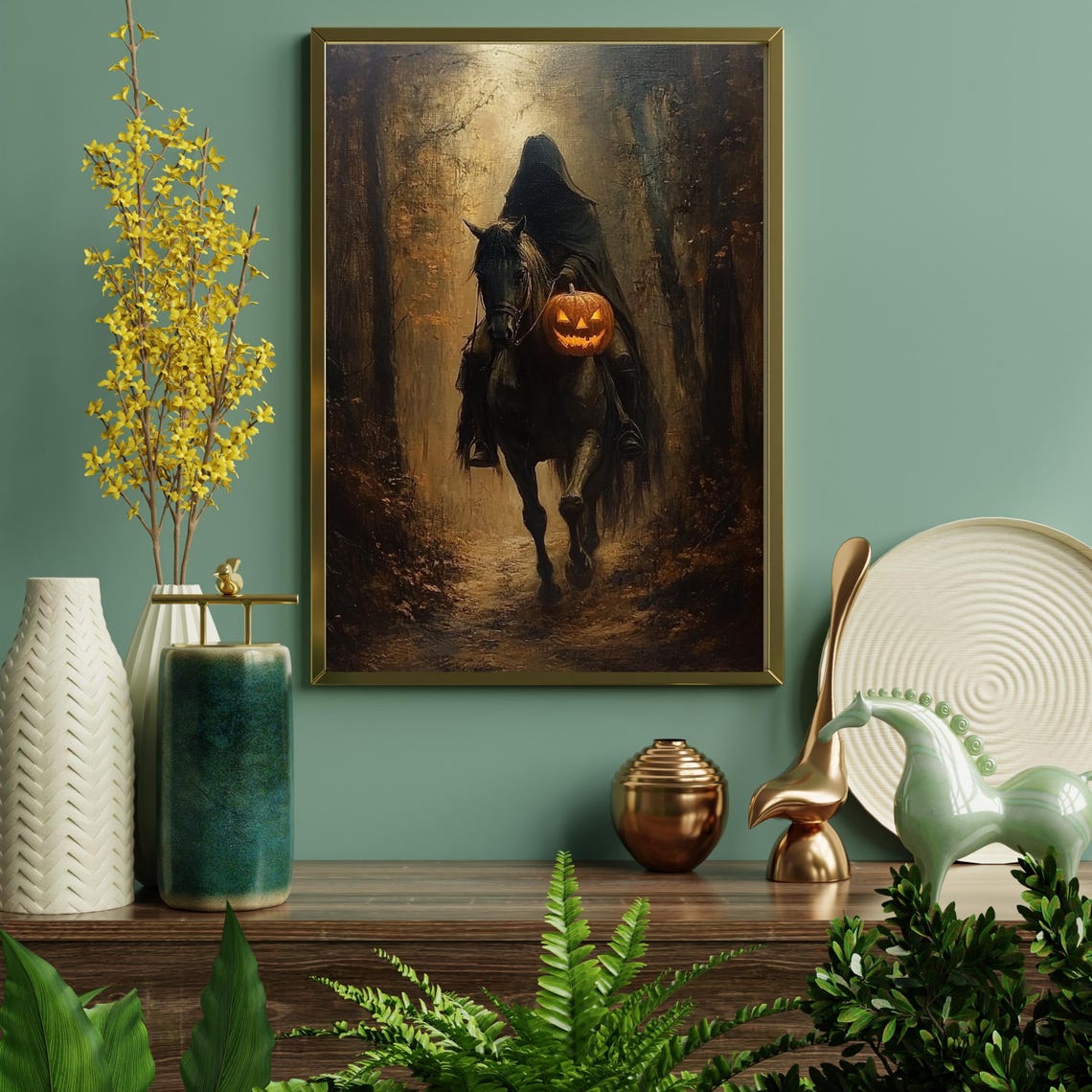 Headless Horseman with a Jack O Lantern Dark Halloween Wall Art - Image 4