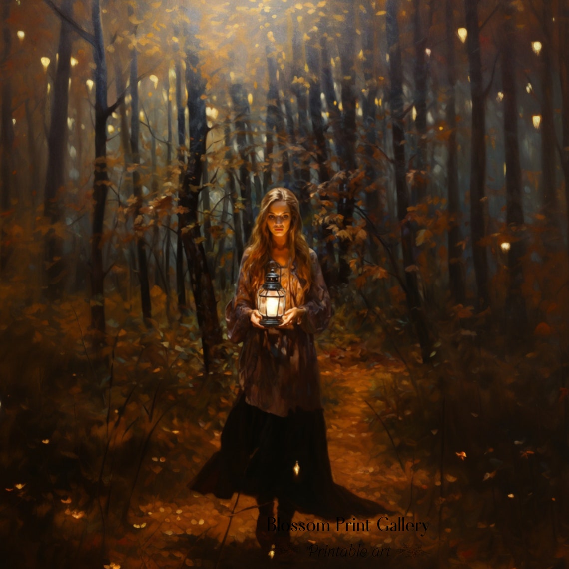 Woman Holding Lantern In Autumn Forest At Dusk Painting Poster - Image 3