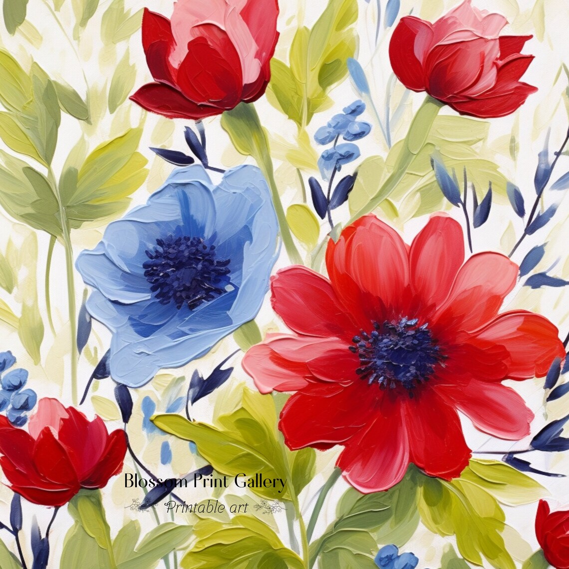 Bold Red and Blue Flowers Impasto Floral Oil Painting Poster - Image 3