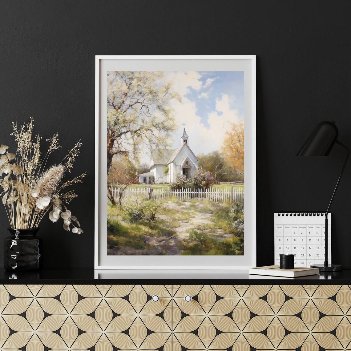 Vintage Old Church Print Spring Landscape Oil Painting Farmhouse Decor Living Room Wall Art Country Scenery 516