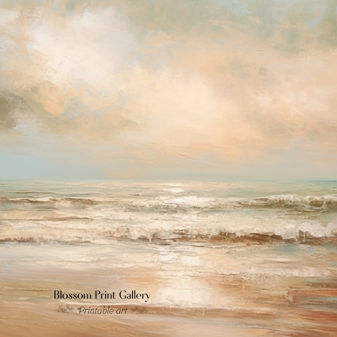 Soft Sandy Beach Waves under Cloudy Sky Coastal Painting Poster - Image 3