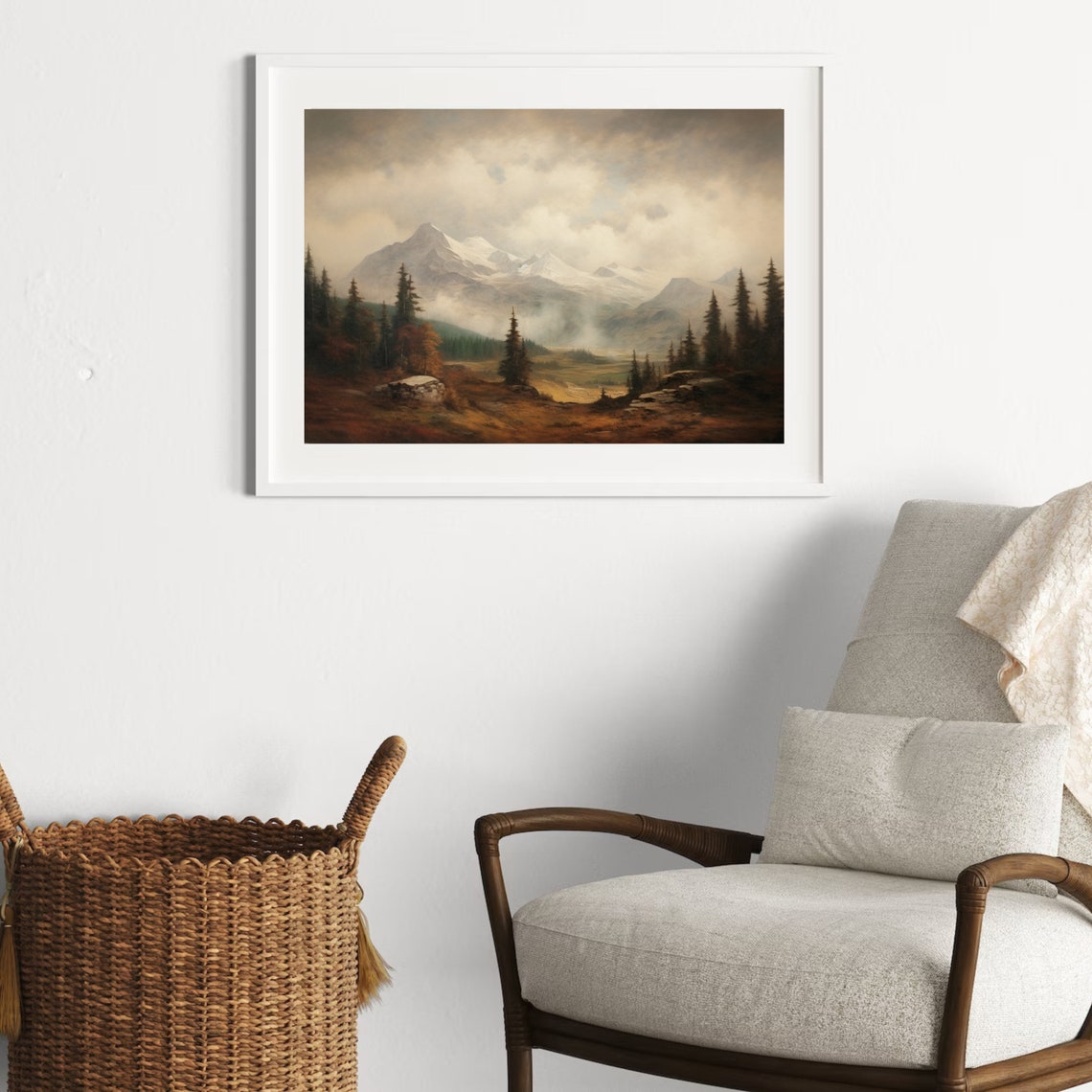 Snowy Mountain Peaks Above Misty Valley Rustic Alpine Poster - Image 6