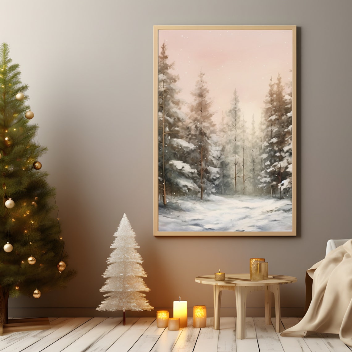 Blush Pink Winter Pine Forest Snowy Landscape Painting Poster - Image 5
