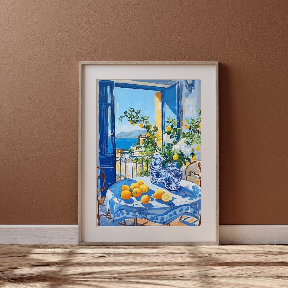 Sunny Mediterranean Balcony with Lemons and Blue Shutters Painting Poster - Image 3
