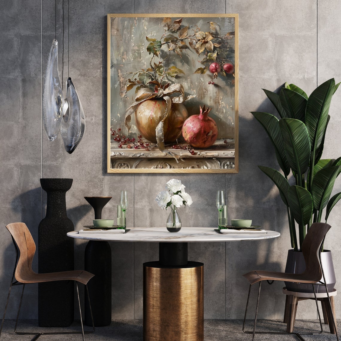 Pomegranate And Cherry Still Life Vintage Fruit Painting Poster - Image 2