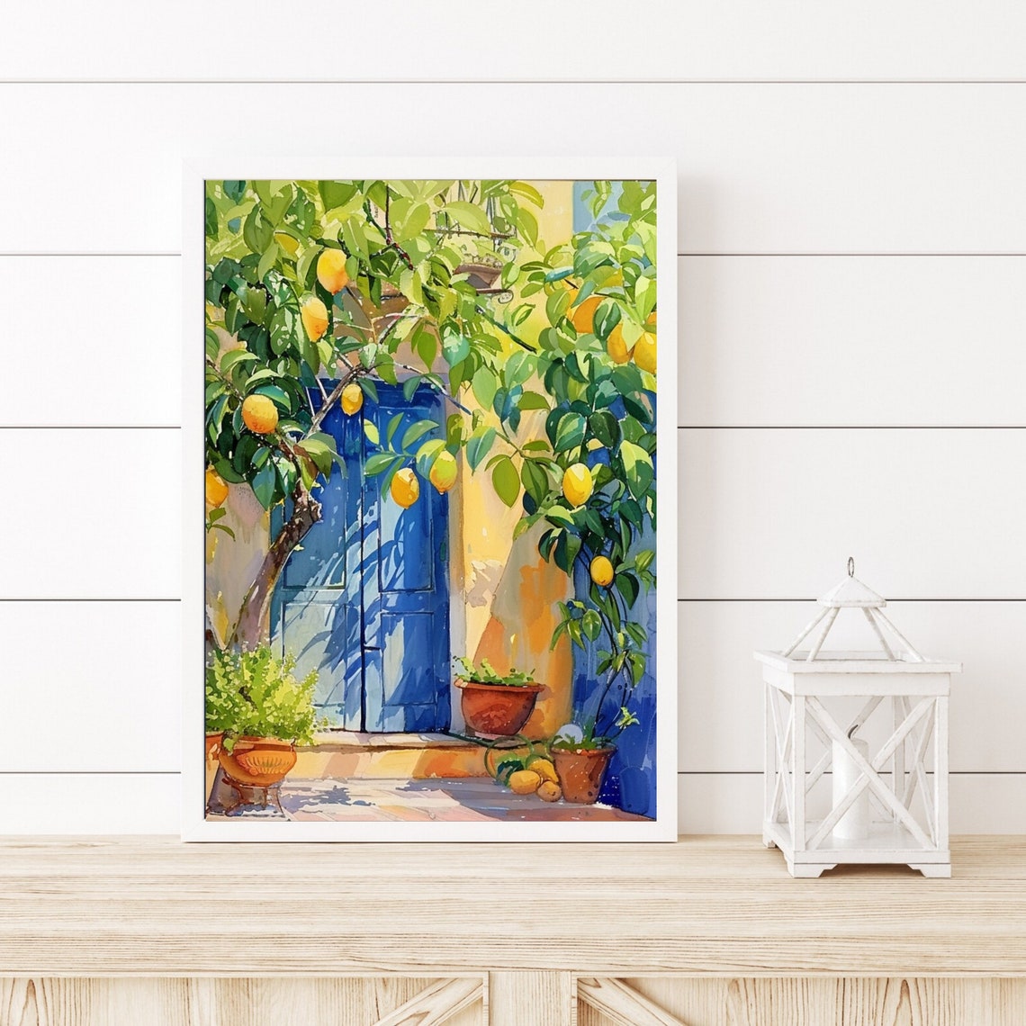 Mediterranean Lemon Tree by Blue Door Watercolor Painting Poster - Image 3