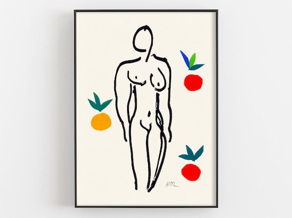 Nude Female Figure With Oranges Minimalist Line Drawing Wall Art