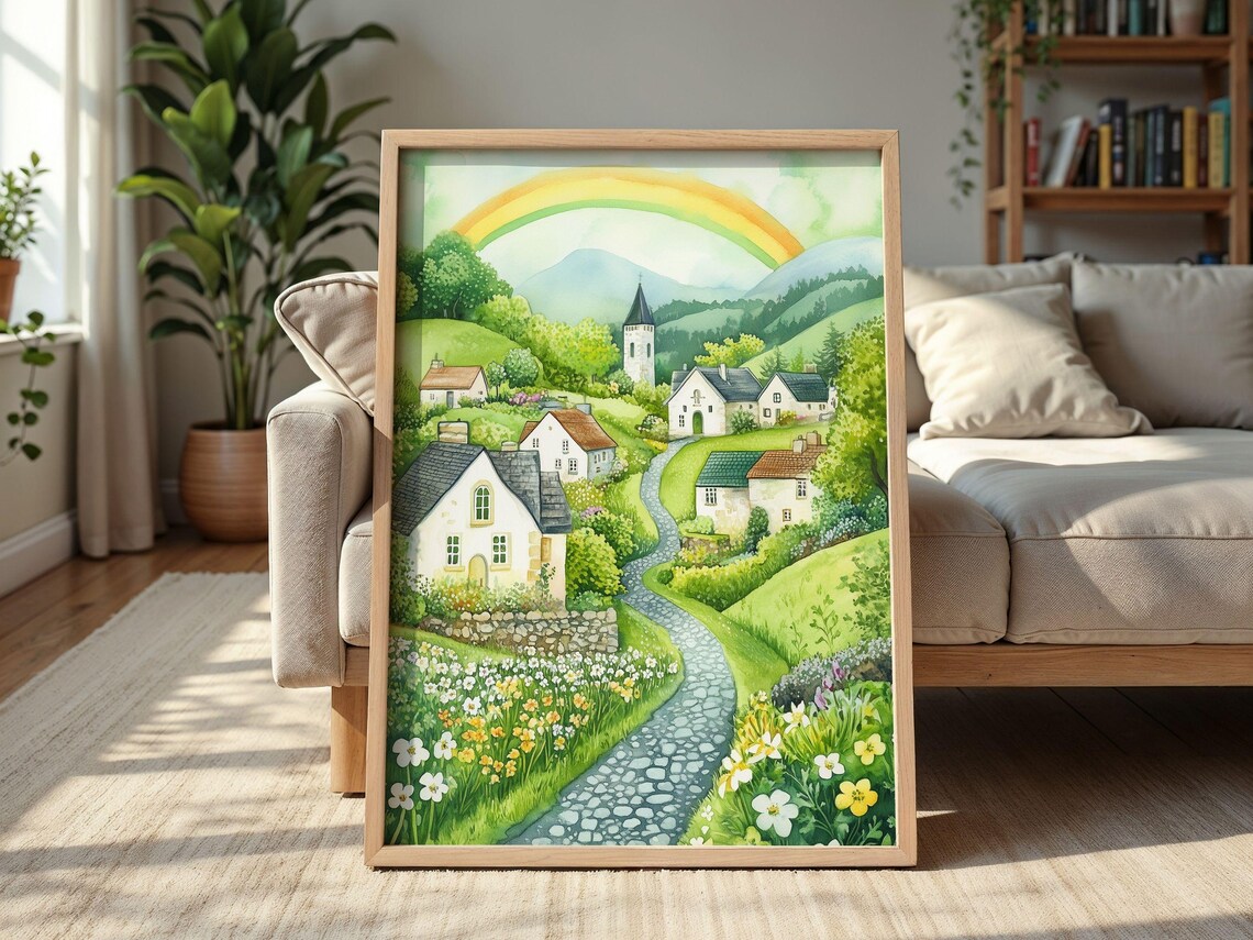 Irish Village Church Rainbow Over Green Hills Watercolor Poster - Image 2