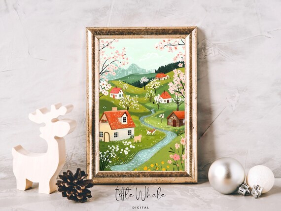 Blossoming Spring Village Countryside Cottage Landscape Wall Art