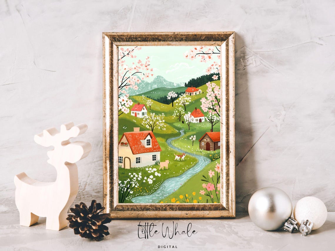 Blossoming Spring Village Countryside Cottage Landscape Wall Art