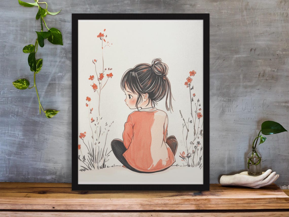 Anime Girl in Orange Sweater Sitting Among Red Flowers Art Print
