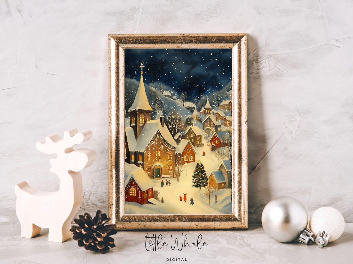 Christmas Village Night Scene with Church and Starlit Tree Poster - Image 2