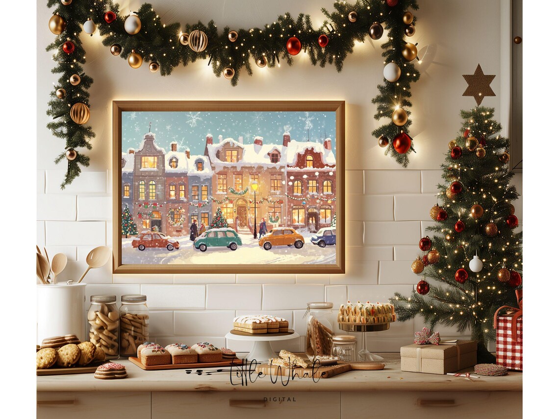 Snowy Town Square At Dusk With Vintage Cars Christmas Eve Poster - Image 3