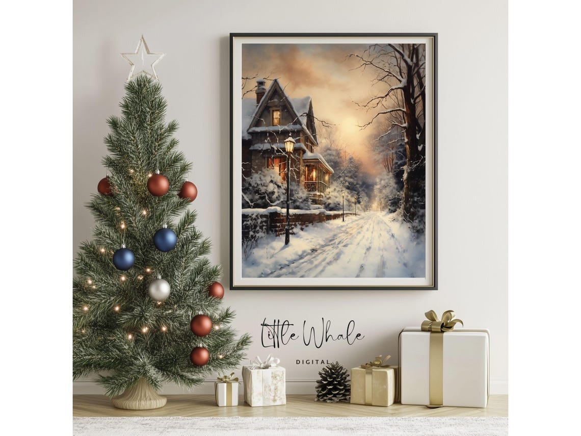 Victorian House at Sunset with Lamppost Snowy Street Art Print - Image 2