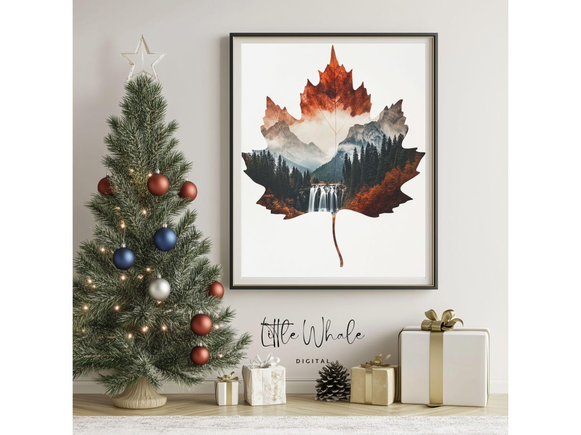 Autumn Maple Leaf With Mountain Waterfall Landscape Nature Art Poster - Image 3