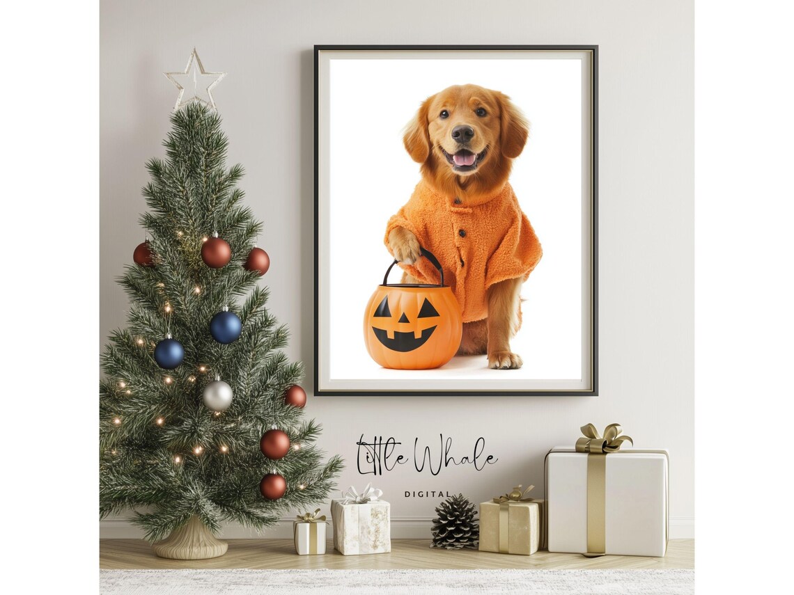 Golden Retriever in Pumpkin Costume Holding Halloween Candy Bucket Poster - Image 3