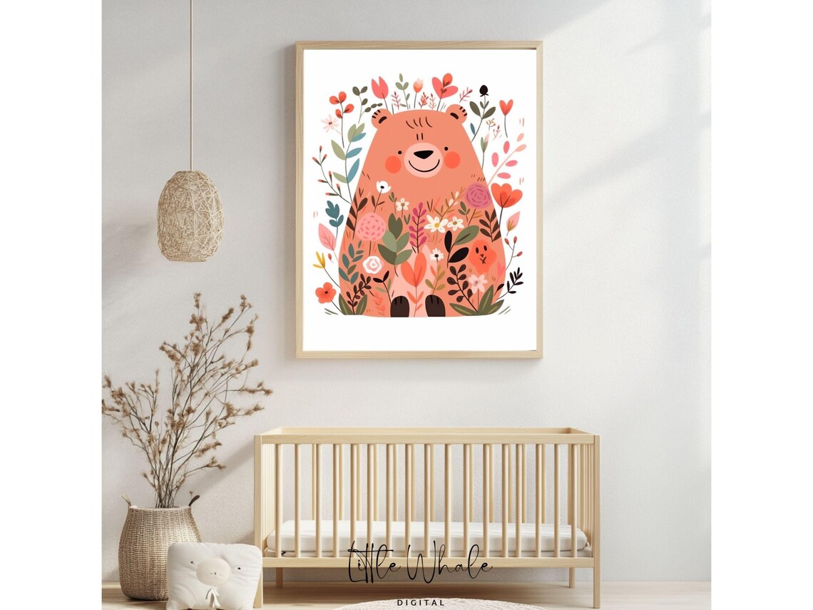 Cute Floral Coral Bear Nursery Wall Art Smiling Kids Room Decor Print - Image 4