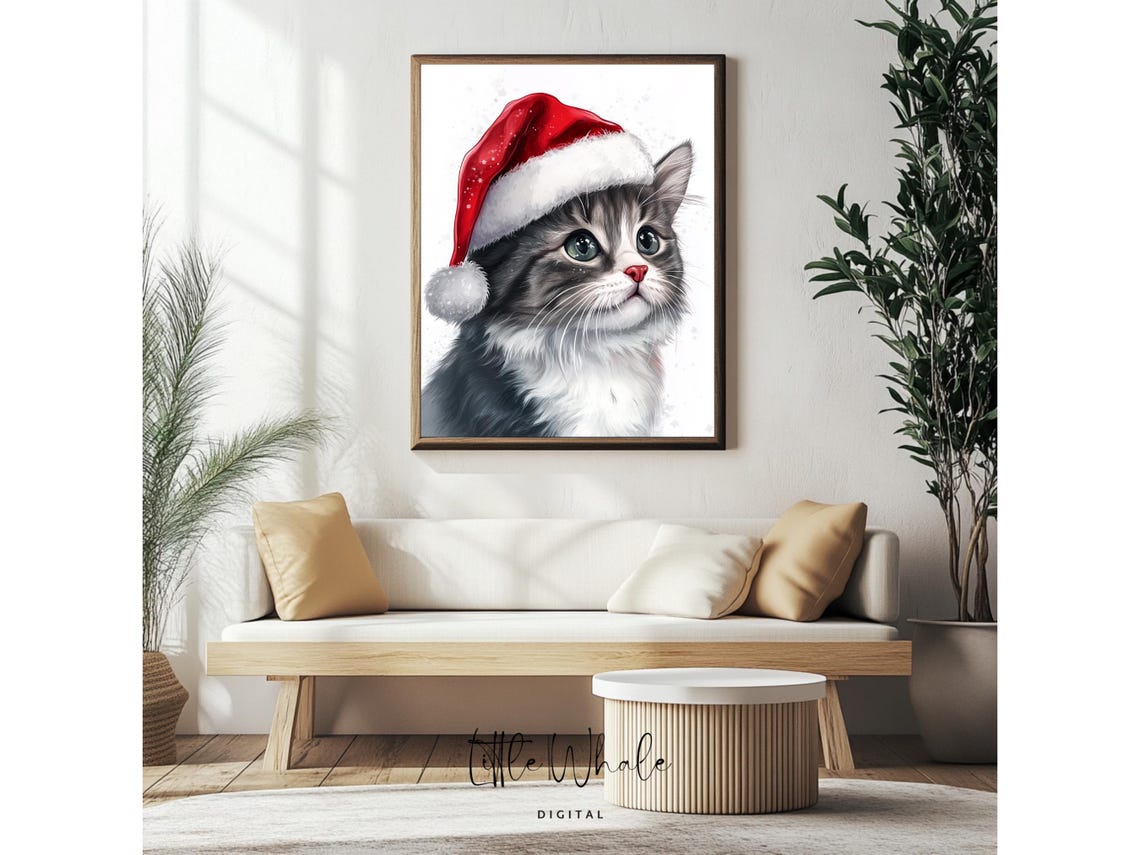 Fluffy Gray and White Cat in Santa Hat Sweet Holiday Art Print - Image 4