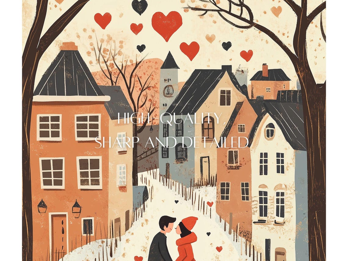 Embracing Couple Above Town Falling Hearts Autumn Romance Poster - Image 2