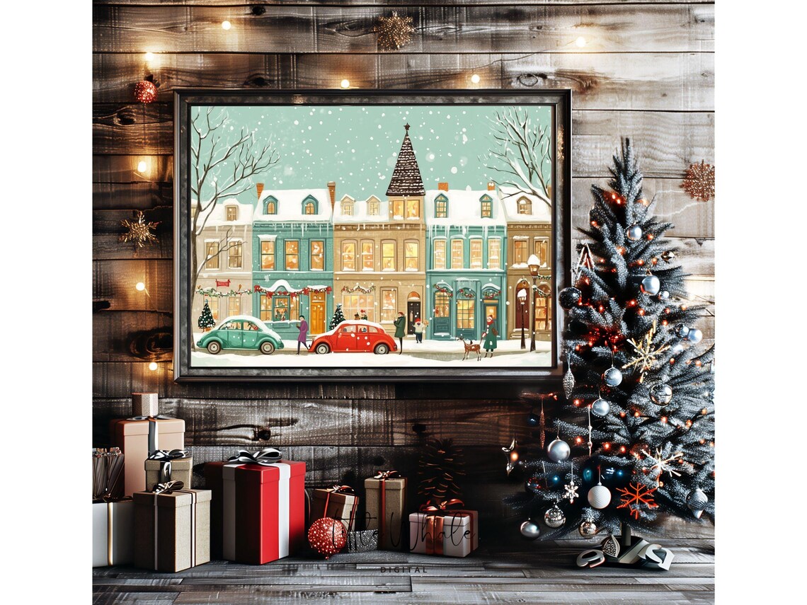 Snowy Shop Row with Vintage Cars Garlands and a Little Reindeer Poster - Image 2