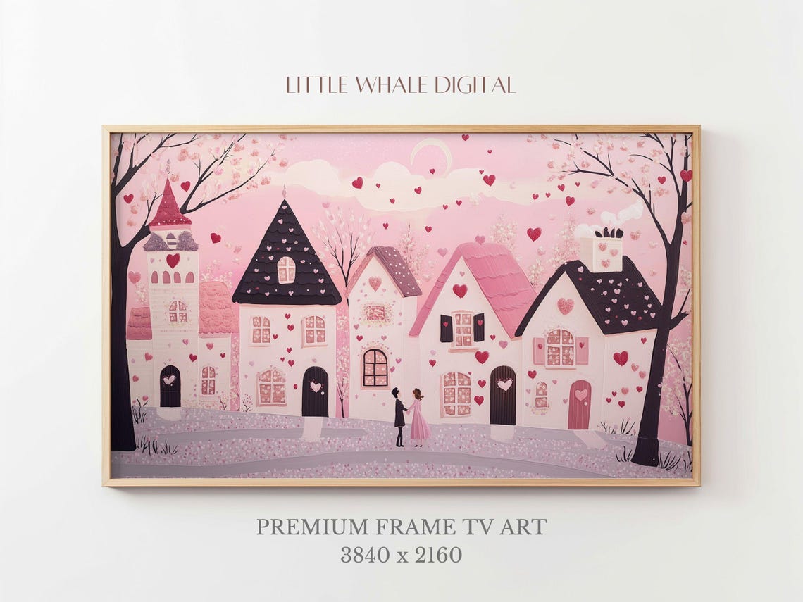Pink Valentine's Village Couple Under Heart Filled Sky Scene Poster