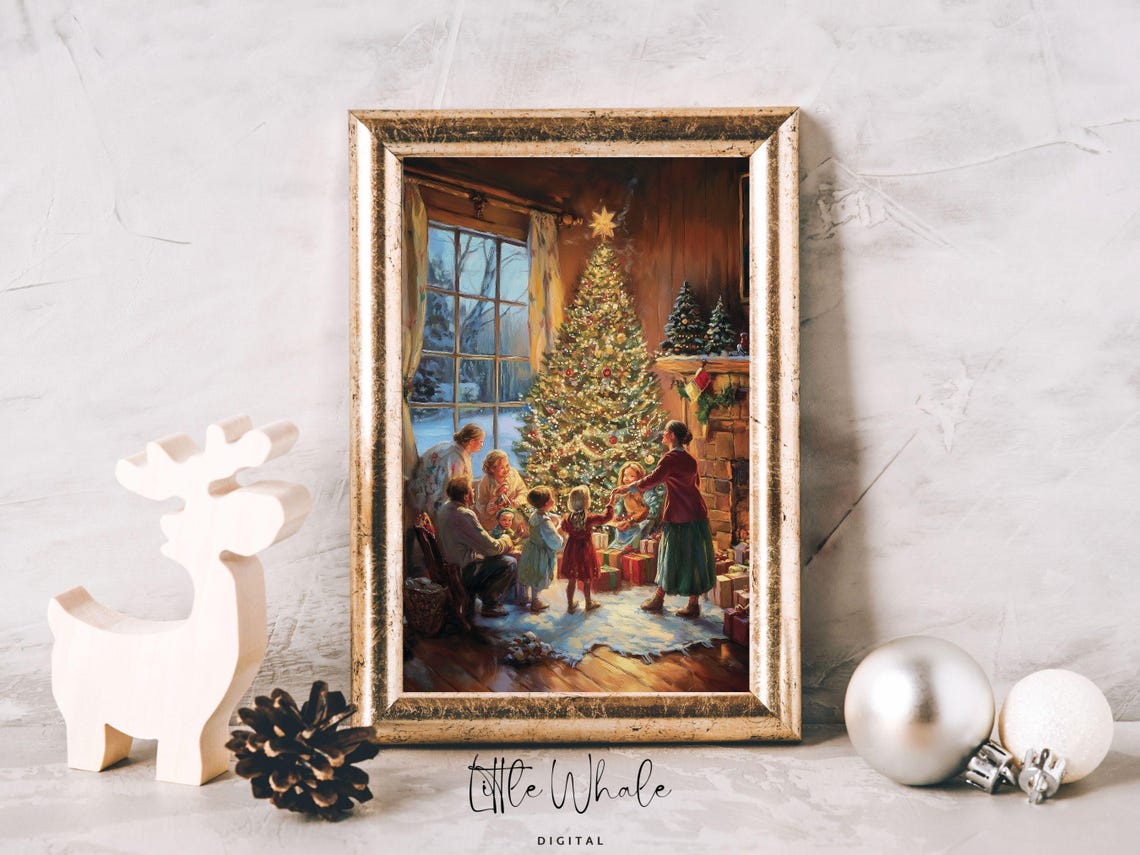 Family Gathered Around Christmas Tree by the Fireplace Painting Poster - Image 2