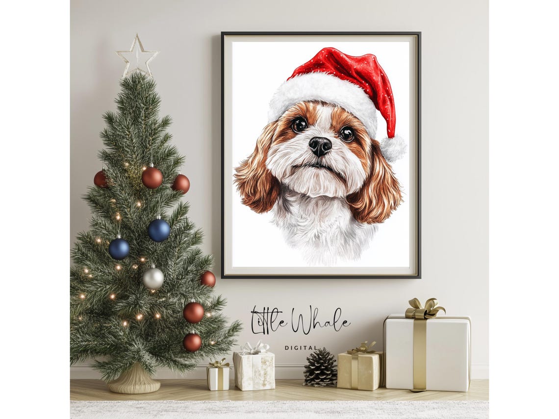 Cavalier King Charles Spaniel in Santa Hat Christmas Puppy Art Print - Image 3