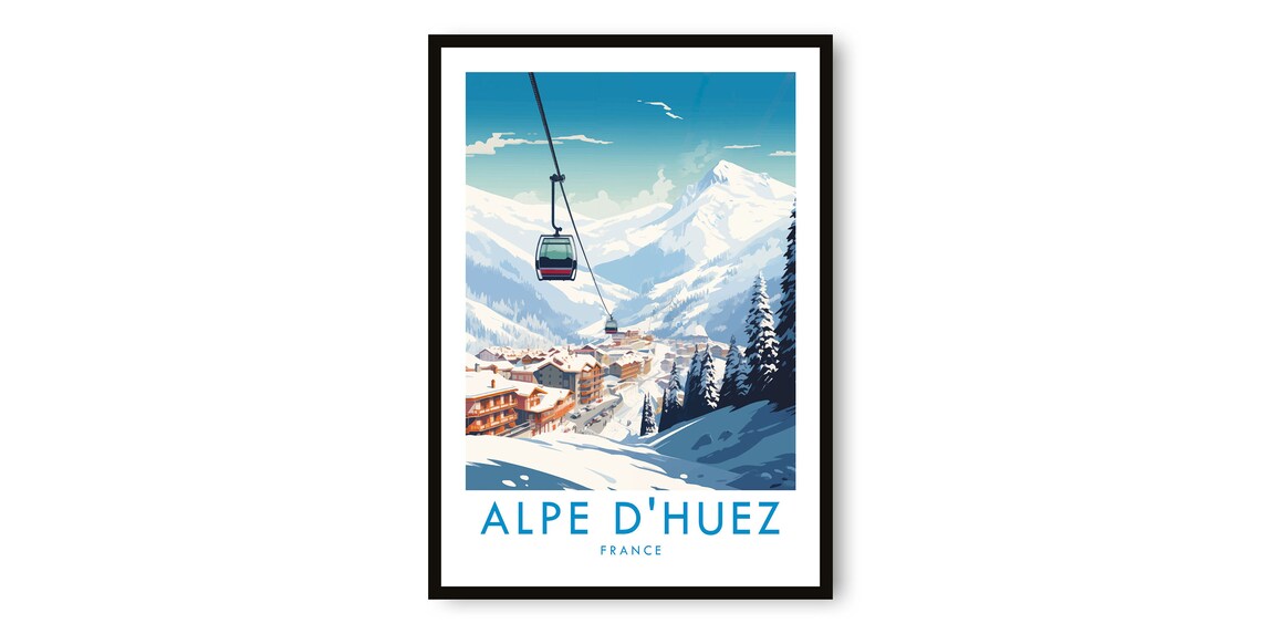 Alpe D'Huez Travel Poster, France Skiing Decor