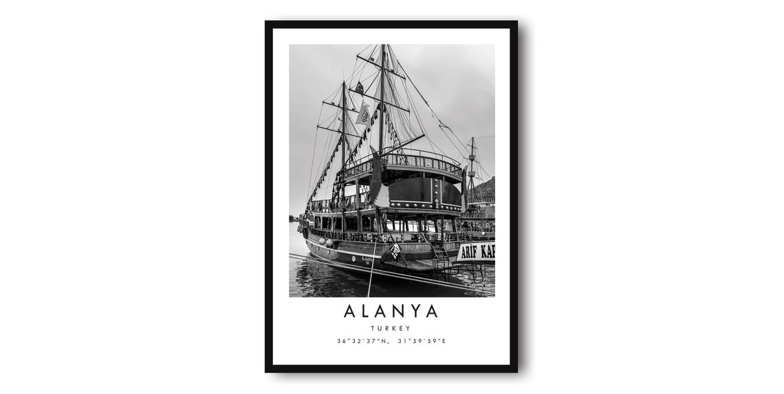 Alanya Turkey Historic Pirate Ship Black and White Photo Poster
