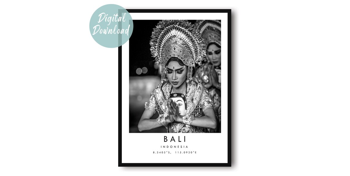 Bali Indonesia Traditional Dancer Mask Headdress Black White Poster