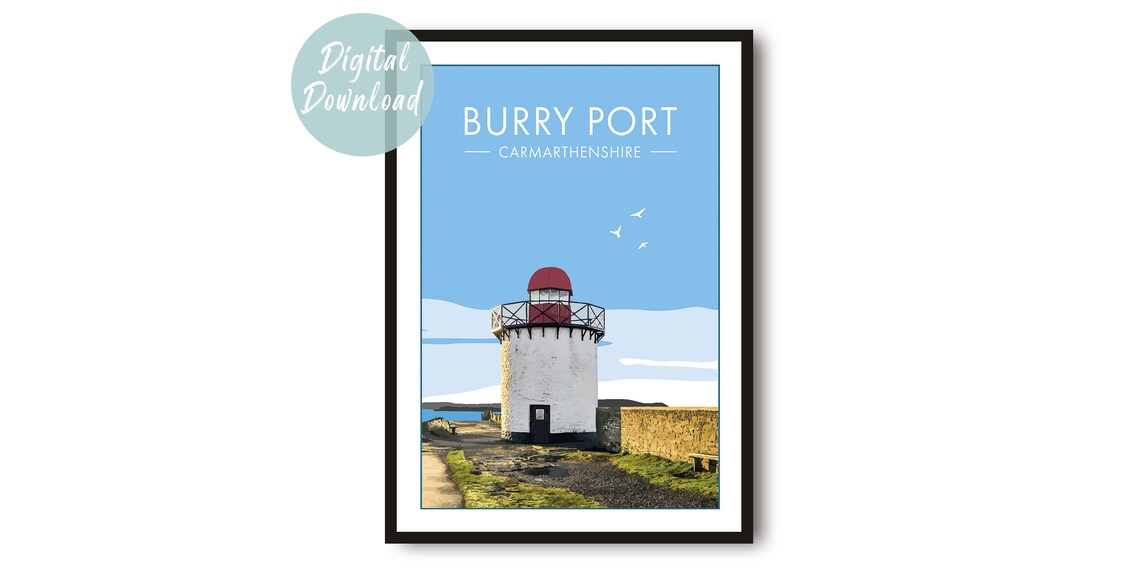 Burry Port Carmarthenshire Lighthouse On Coastline Travel Print
