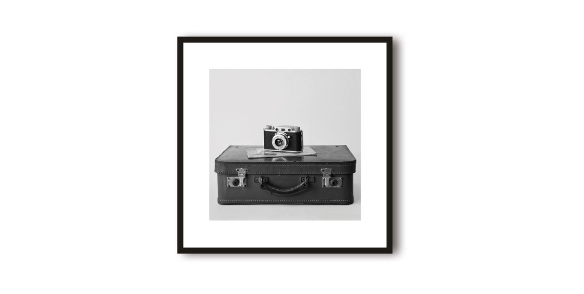 Vintage Camera Resting on a Suitcase Black White Photo Poster