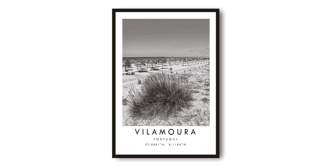 Vilamoura Portugal Black White Beach Dune Photo Travel Poster