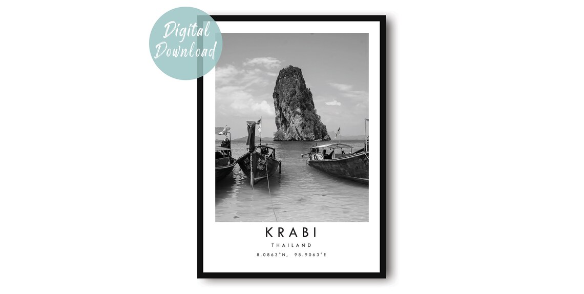 Krabi Thailand Longtail Boats Limestone Cliffs Beach Travel Poster