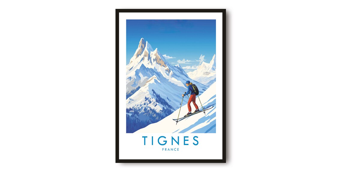 Tignes France Ski Poster with Lone Skier on Bright Alpine Slopes