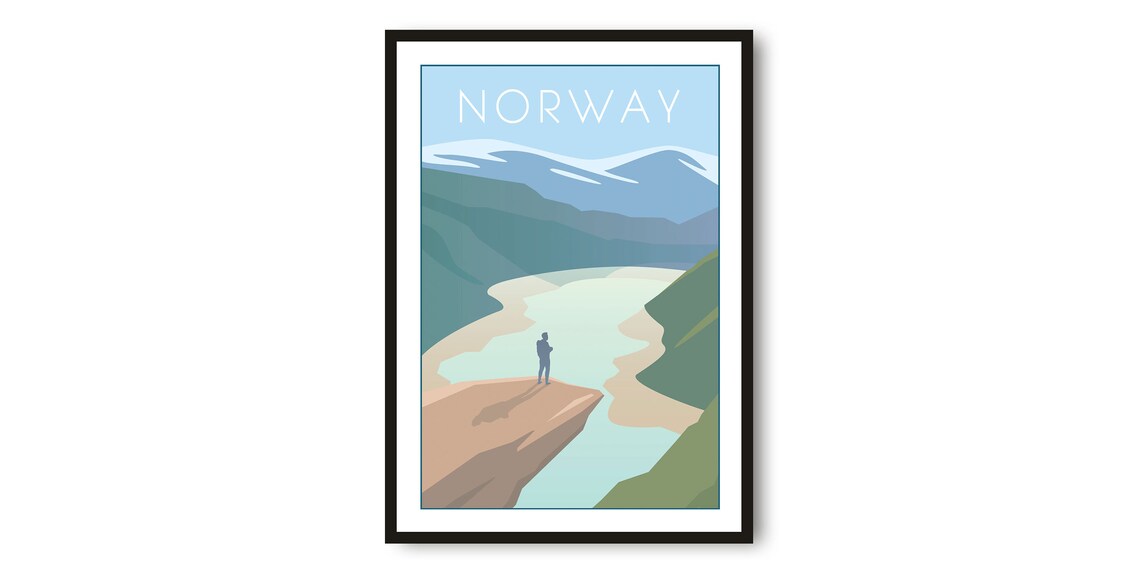 Norway Fjord Hiker Cliff Minimalist Pastel Landscape Travel Poster