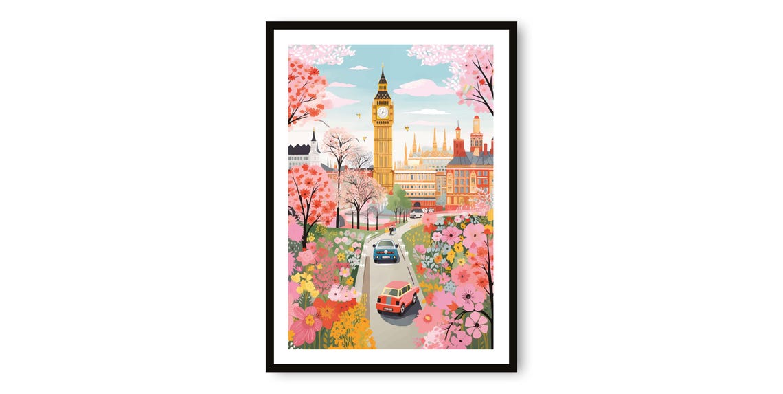 London Big Ben Spring Cherry Blossom Colorful Cityscape Poster