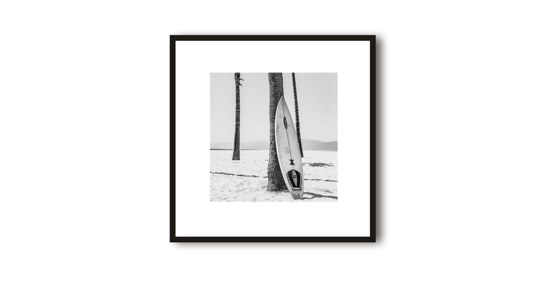 Surfboard Against a Palm Tree Beach Black White Photo Poster