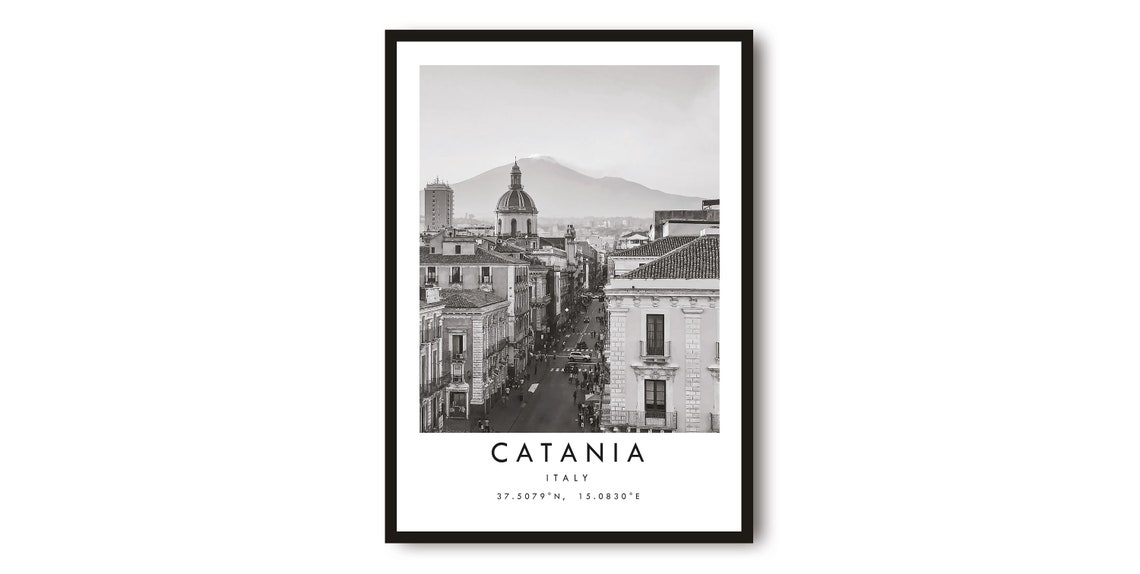 Catania Sicily Black and White Photo Travel Poster with Etna
