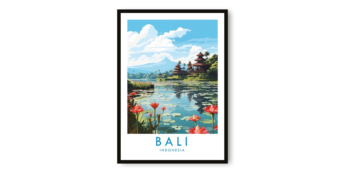 Bali Indonesia Temple Lotus Lake Reflection Scenic Travel Poster