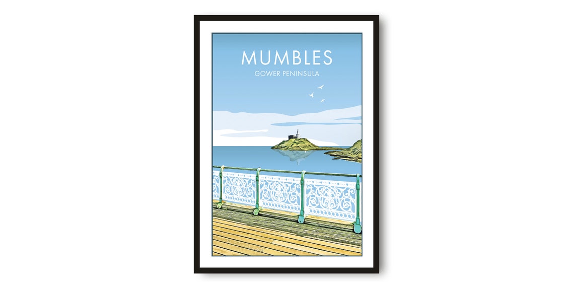 Mumbles Gower Peninsula Pier Island Coastal Wales Travel Poster