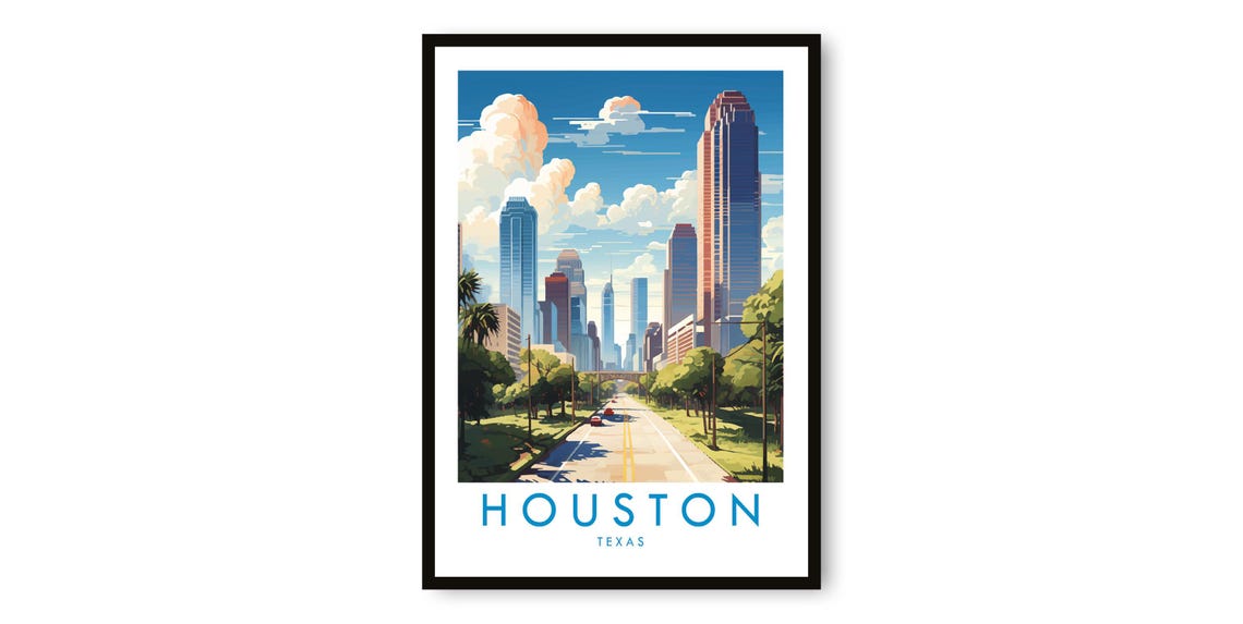 Houston Texas Downtown Skyline Green Boulevard Travel Poster