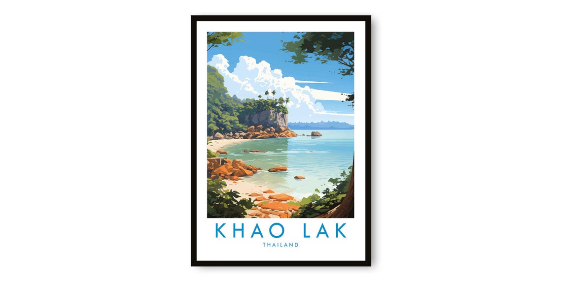 Khao Lak Thailand Tropical Beach Cove Palm Cliffs Travel Poster