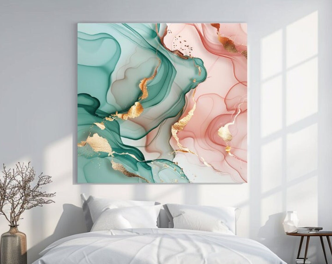 Aqua Pink And Gold Fluid Ink Marble Abstract Modern Luxury Poster