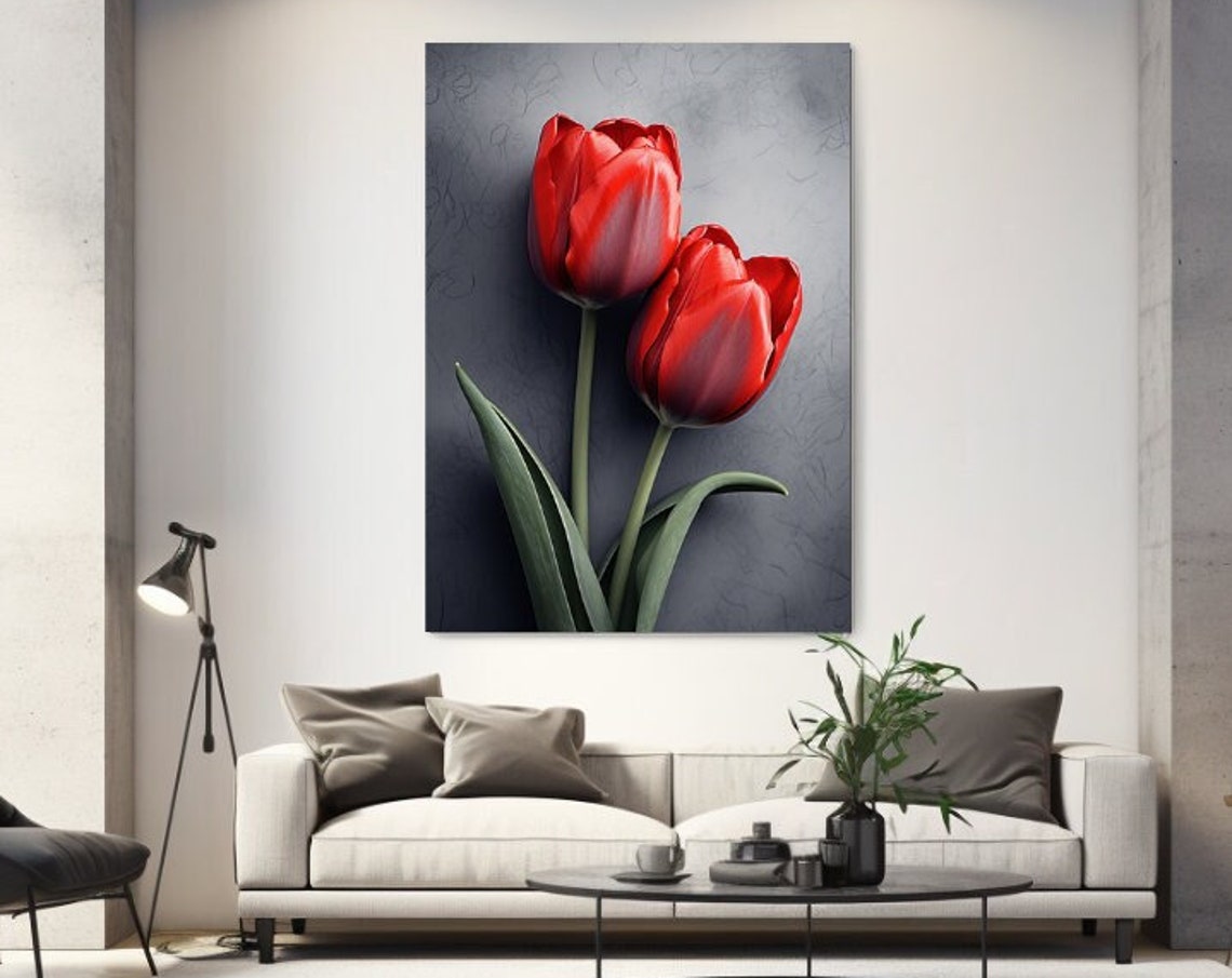 Red Tulips Close Up on Dark Textured Background Floral Print
