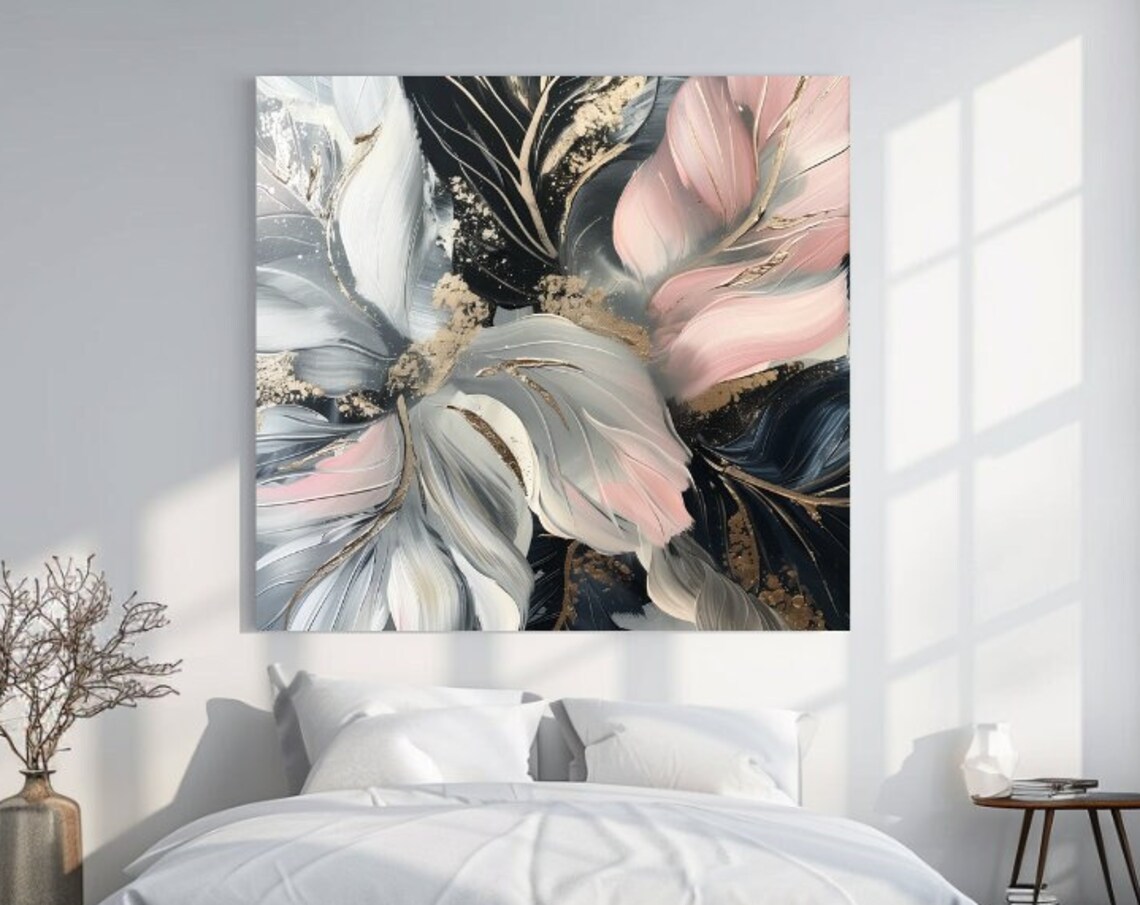 Luxury Black White Pink Gold Floral Leaves Abstract Wall Art