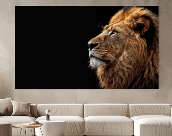 Majestic Lion Profile Portrait on Black Background Wildlife Wall Poster
